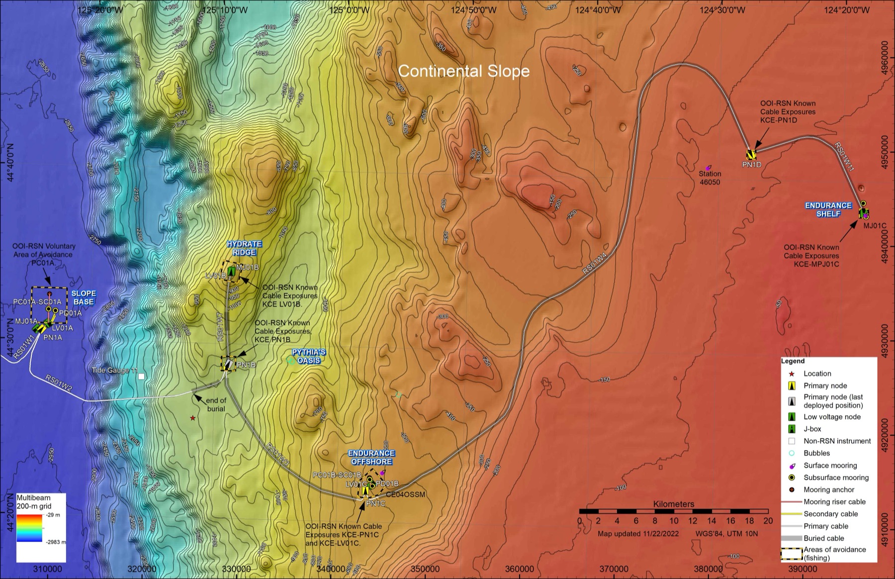 Bathymetric map of all COSZO seafloor sites along the Cascadia margin off Oregon