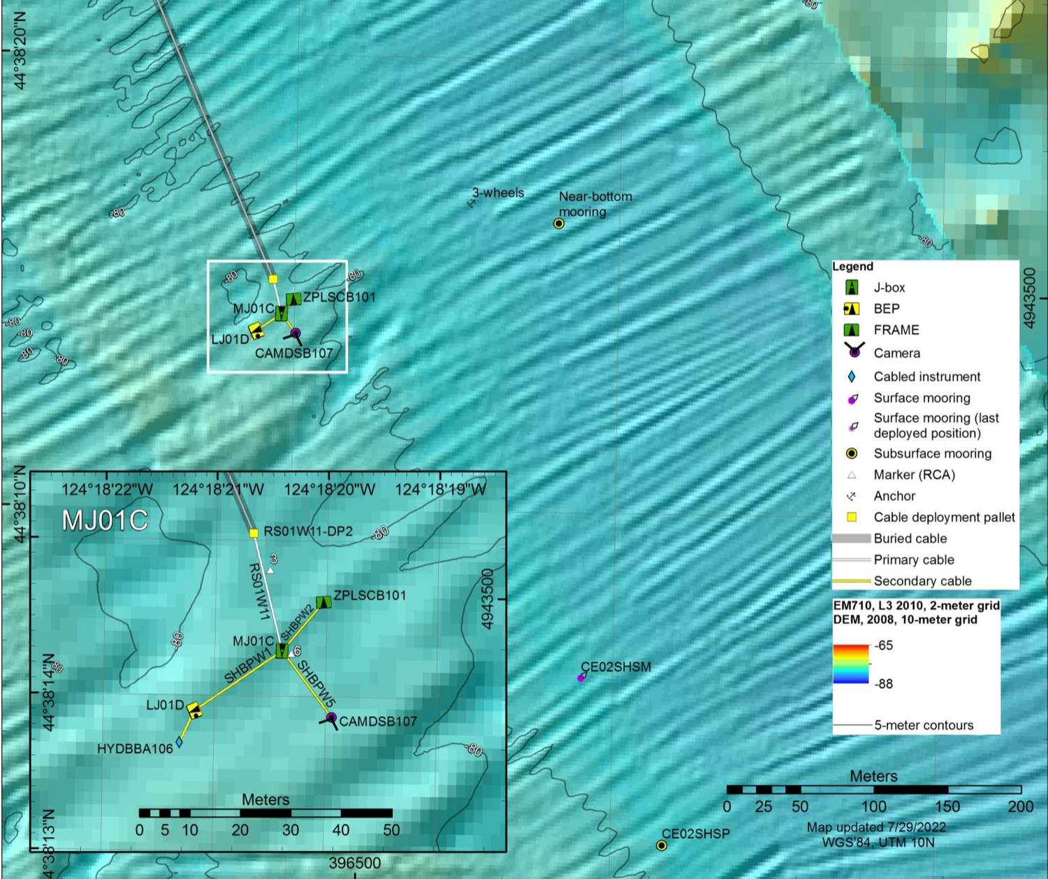 Bathymetric map of the Oregon Shelf cabled site (node MJ01C)