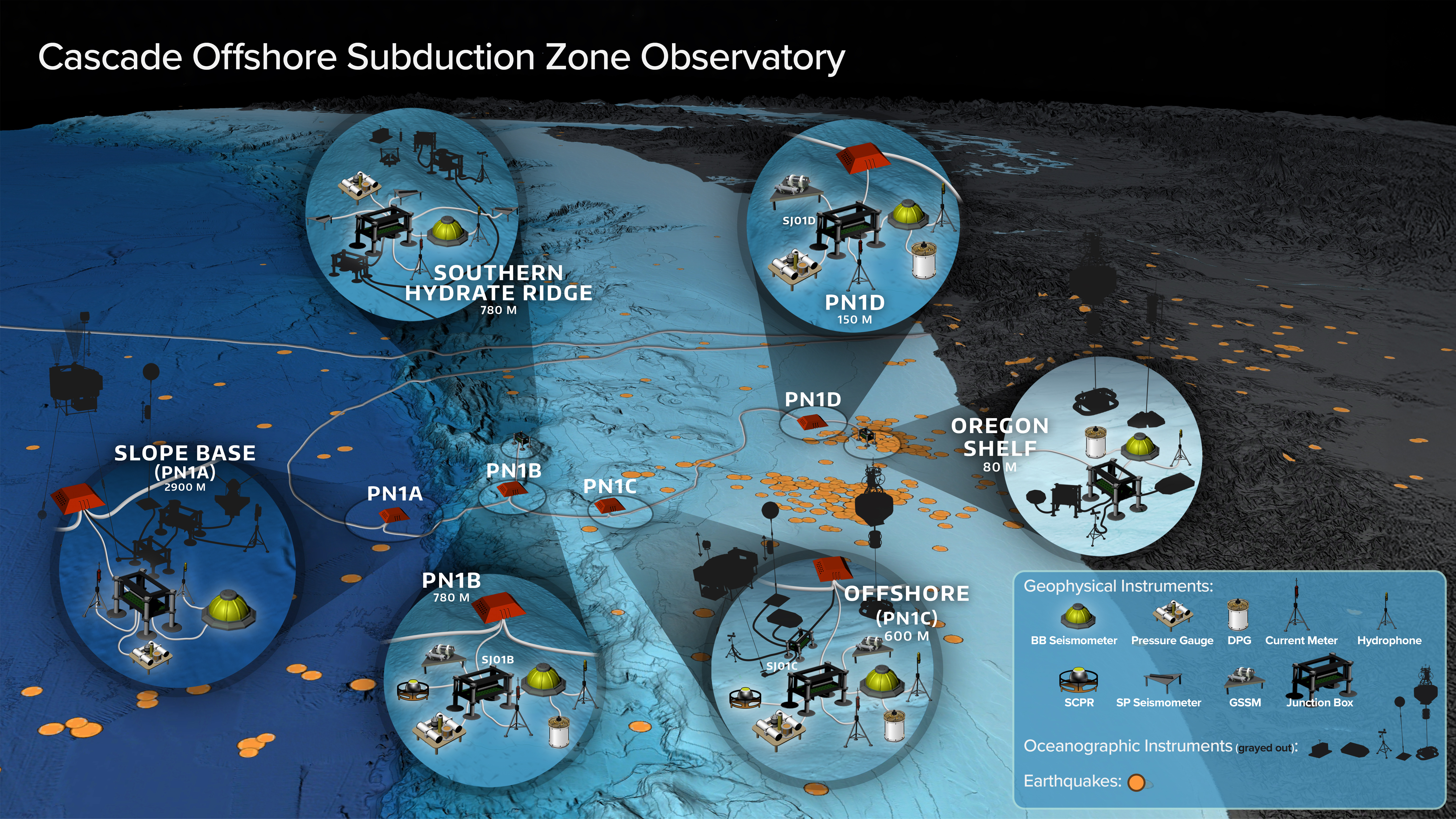 Zoomed map of the Cascadia subduction zone off the Oregon coast.